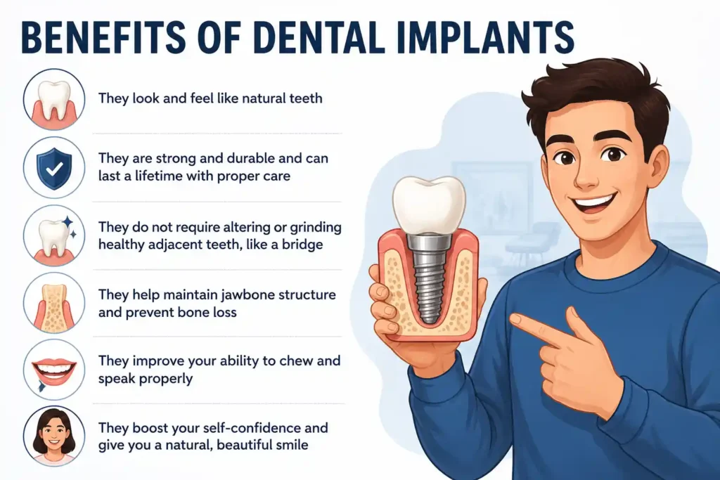 Smiling patient holding a dental implant model illustrating the key benefits of dental implants, including natural appearance, long-term durability, and improved oral health.