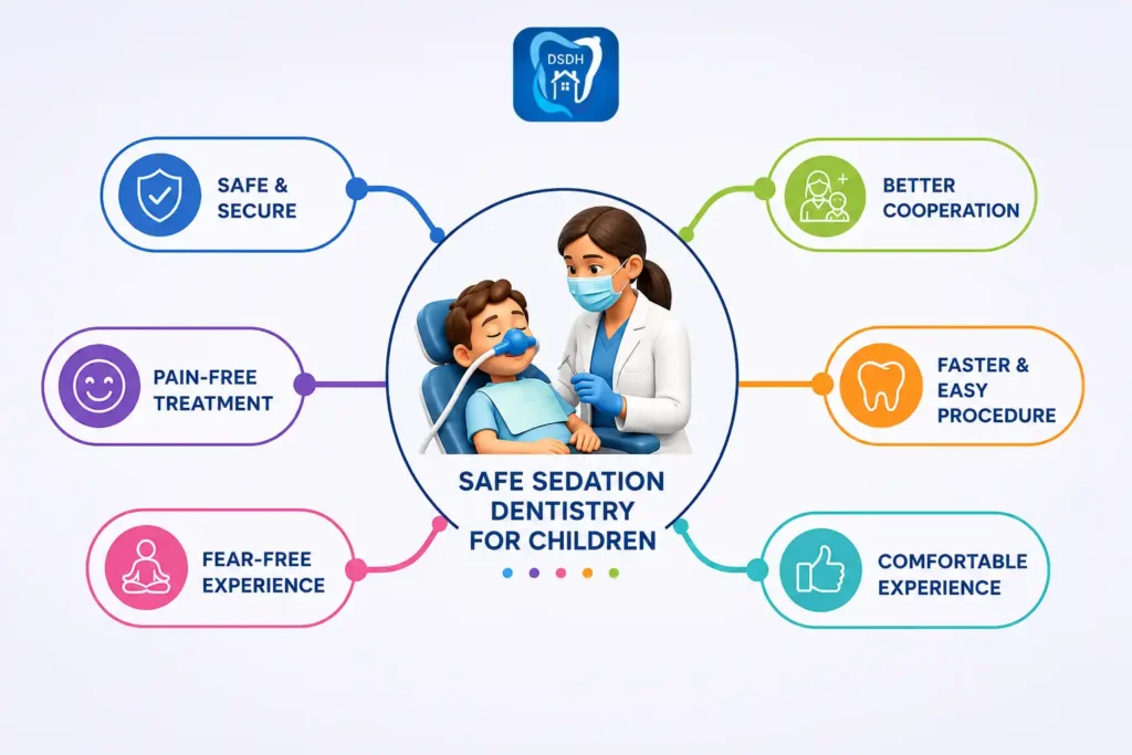 Paediatric dentist explaining the benefits of safe sedation dentistry for children through a simple mind map infographic.
