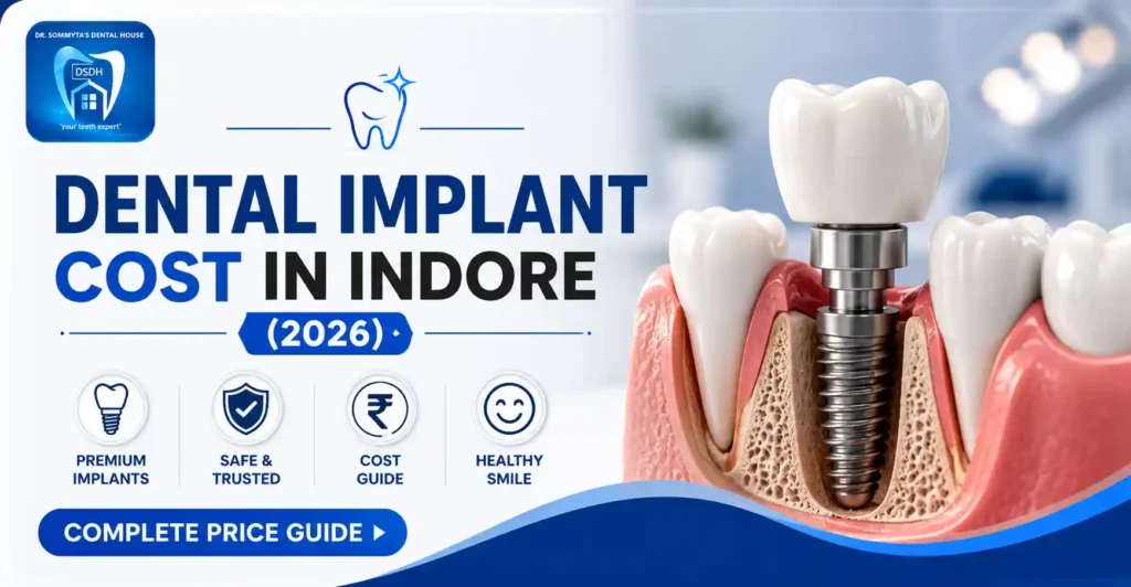 3D dental implant illustration showing a titanium implant and ceramic crown for the Dental Implant Cost in Indore (2026) complete price guide.