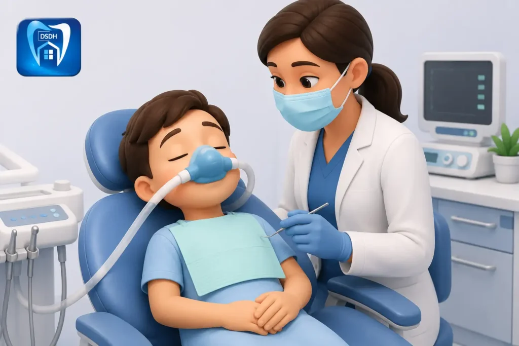 3D illustration of a pediatric dentist providing safe sedation technique to a child during dental treatment at a pediatric dental clinic in Indore