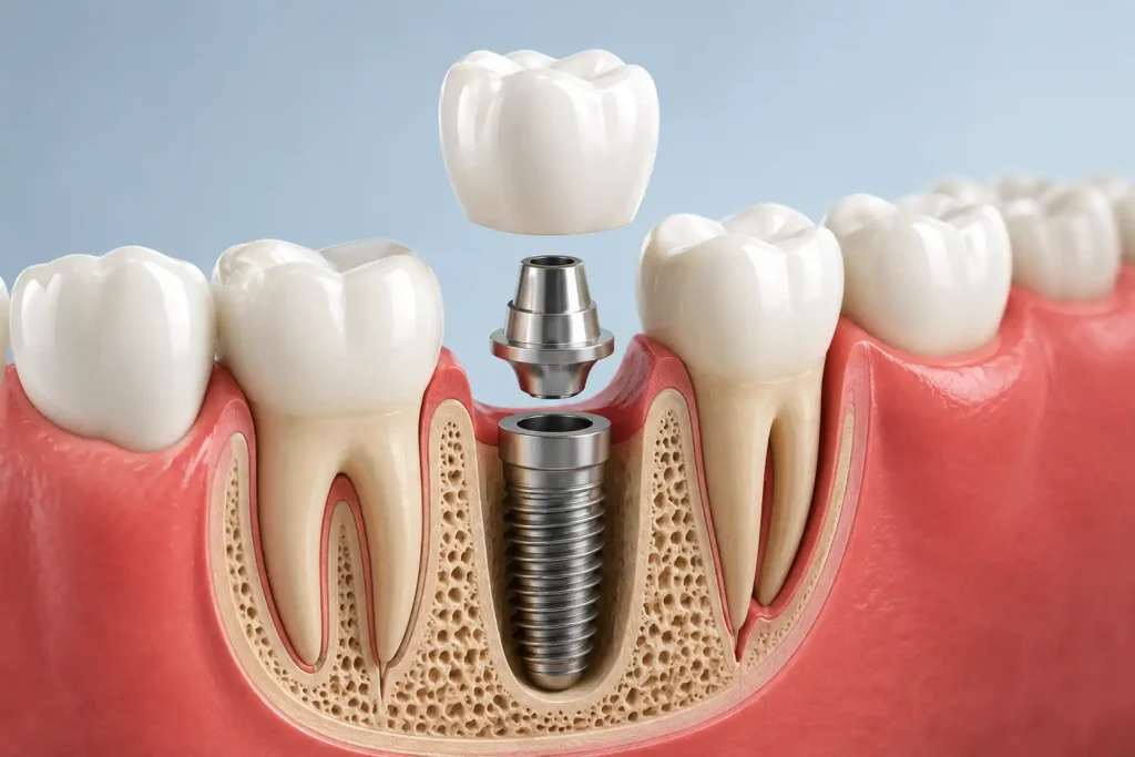 3D cross-section diagram showing a dental implant with titanium screw, abutment, and ceramic crown replacing a missing tooth.