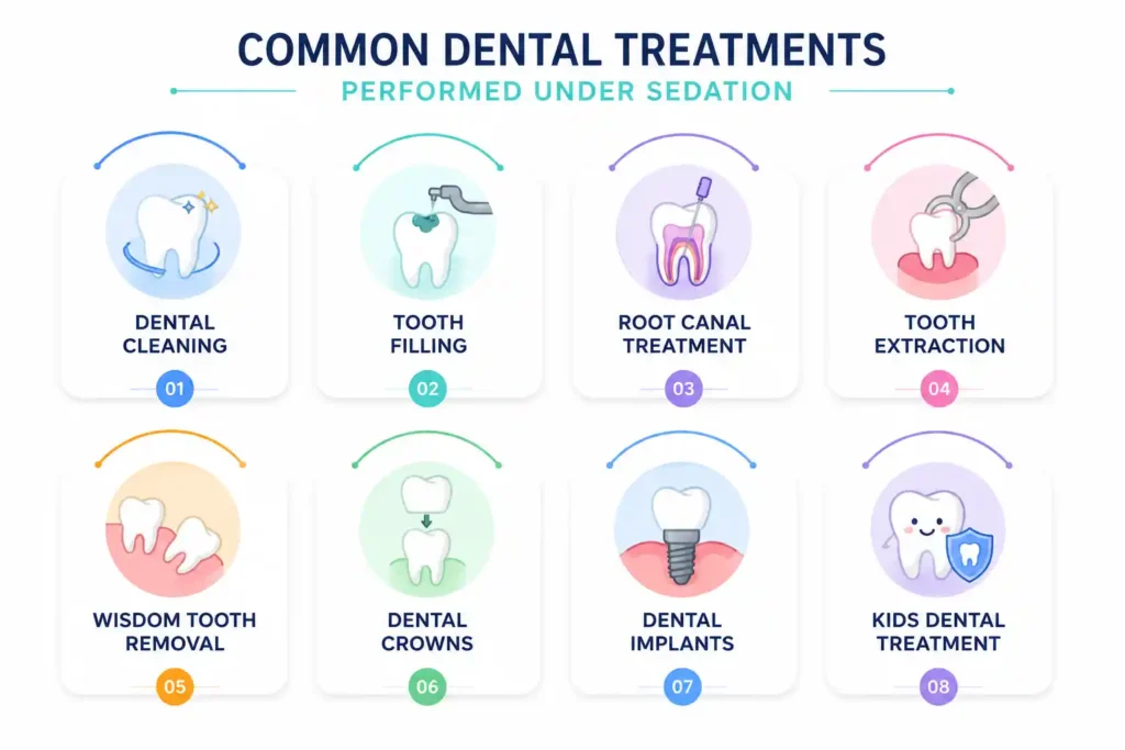 Infographic showing common dental treatments performed under sedation, including dental cleaning, tooth filling, root canal treatment, tooth extraction, wisdom tooth removal, dental crowns, dental implants, and kids dental treatment at Sommyta Dental House, Indore.