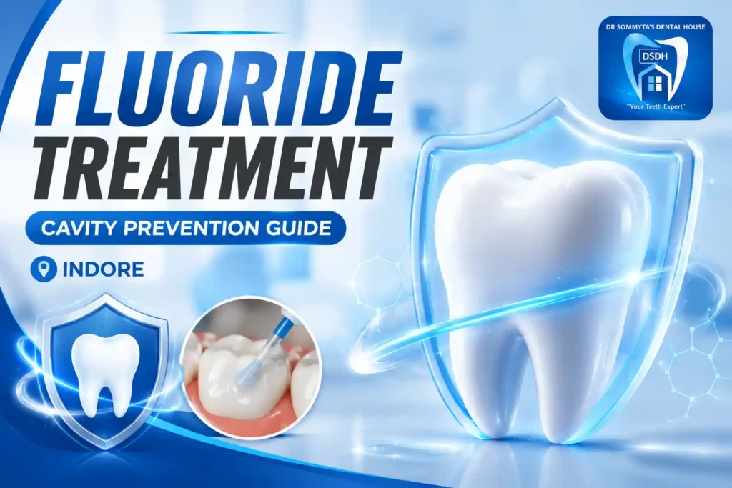 Attractive thumbnail for Fluoride Treatment Cavity Prevention Guide in Indore featuring Sommyta Dental House logo, a healthy protected tooth with shield, fluoride application graphic, and cavity prevention concept.