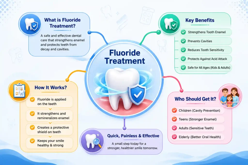 Alt Text:
Fluoride Treatment Kya Hota Hai? Mind map infographic explaining fluoride varnish, fluoride gel, enamel strengthening, cavity prevention, treatment process, and benefits for healthy teeth.