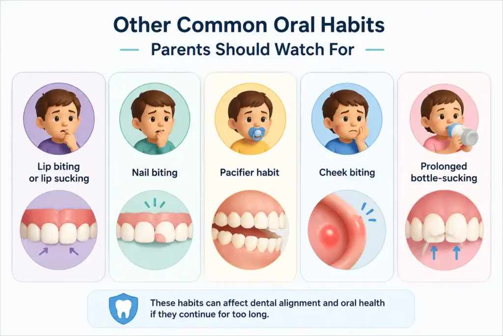 Infographic showing common oral habits in children including lip biting, nail biting, pacifier use, cheek biting and prolonged bottle sucking