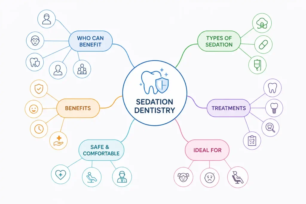 Sedation Dentistry mind map infographic showing types of sedation, benefits, treatments, patient eligibility, and safe dental care at Sommyta Dental House in Indore.