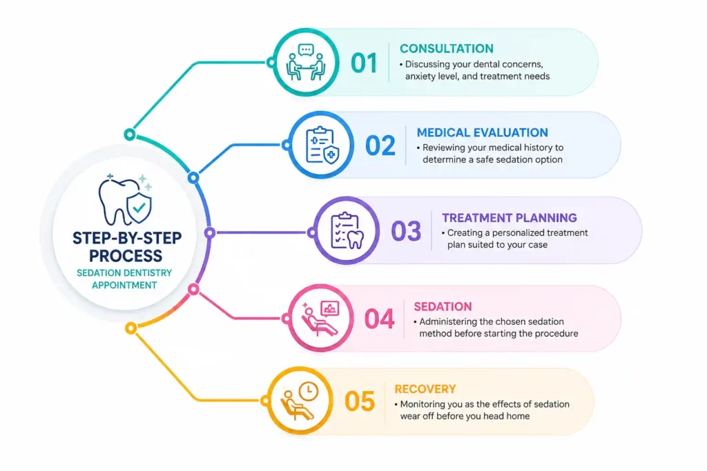 Step-by-step sedation dentistry treatment process infographic showing consultation, medical evaluation, treatment planning, sedation, and recovery for safe dental care at Sommyta Dental House, Indore.