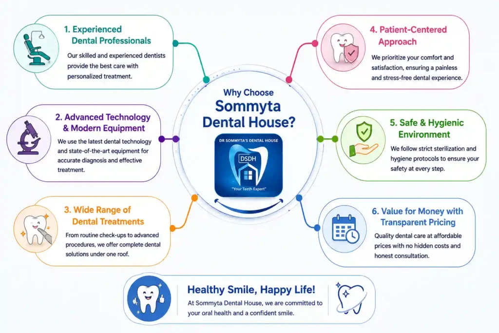 Mind map infographic showing why choose Sommyta Dental House, featuring experienced dentists, modern technology, preventive dentistry, complete dental treatments, kids dentistry, cosmetic dentistry, and convenient location near Bengali Square, Kanadia, and Tilak Nagar, Indore.